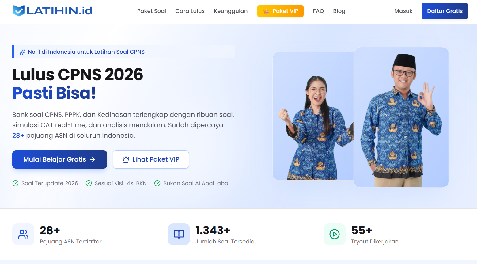 Tangkapan layar beranda LatihIn: judul Lulus CPNS 2026 Pasti Bisa, tombol mulai belajar gratis, dan statistik bank soal